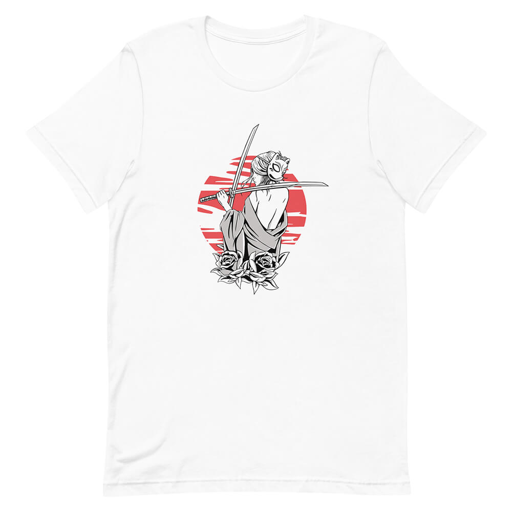 White Double Katana Kitsune Cartoon Woman Shirt Japanese Style