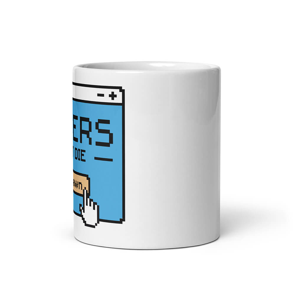 White Gamer Respawn Quote Mug Pixel Art Front 11oz