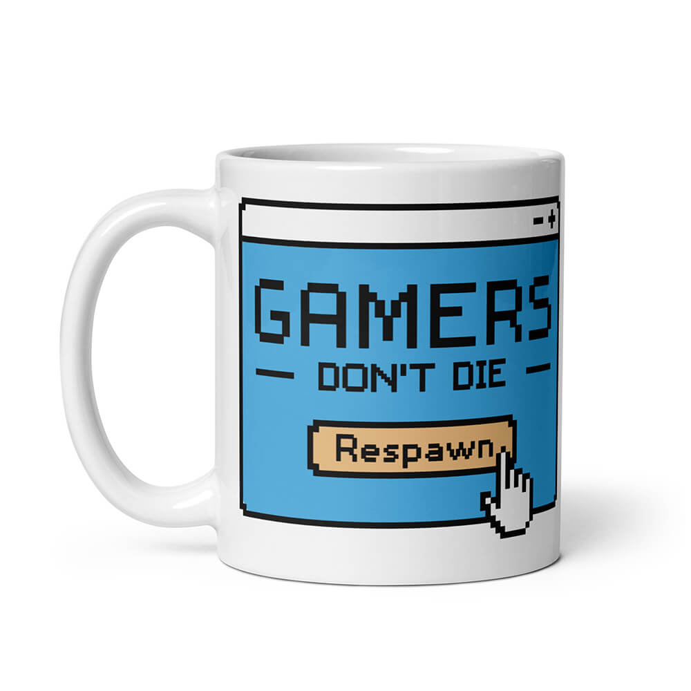 White Gamer Respawn Quote Mug Pixel Art Left 11oz