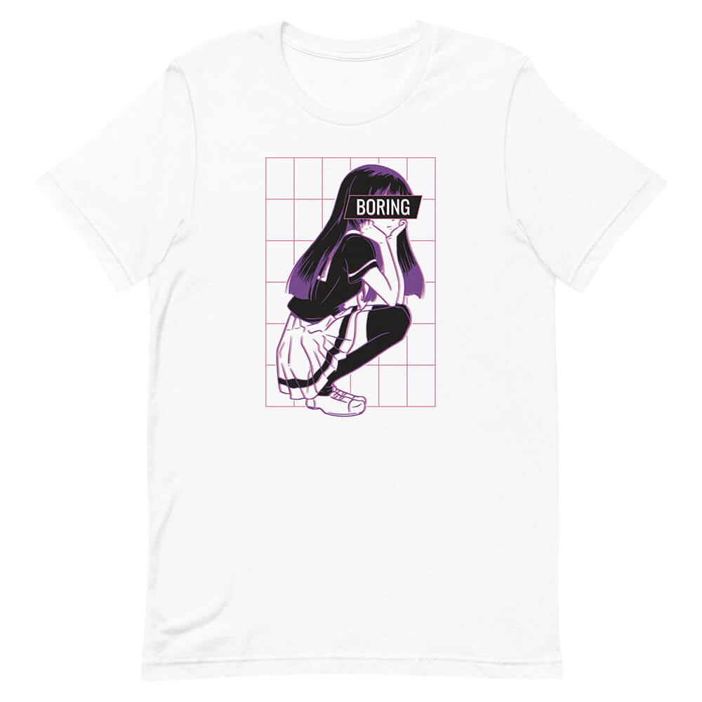 White Glitchy Bored Anime Schoolgirl Tee Asocial Classmate