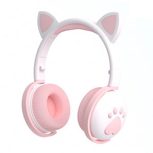White Kawaii Cat Ear Headphones Paw LED Wireless