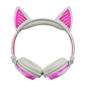 White Pink Bluetooth Hairy Cat Ear Headphones Mic Glowing LED