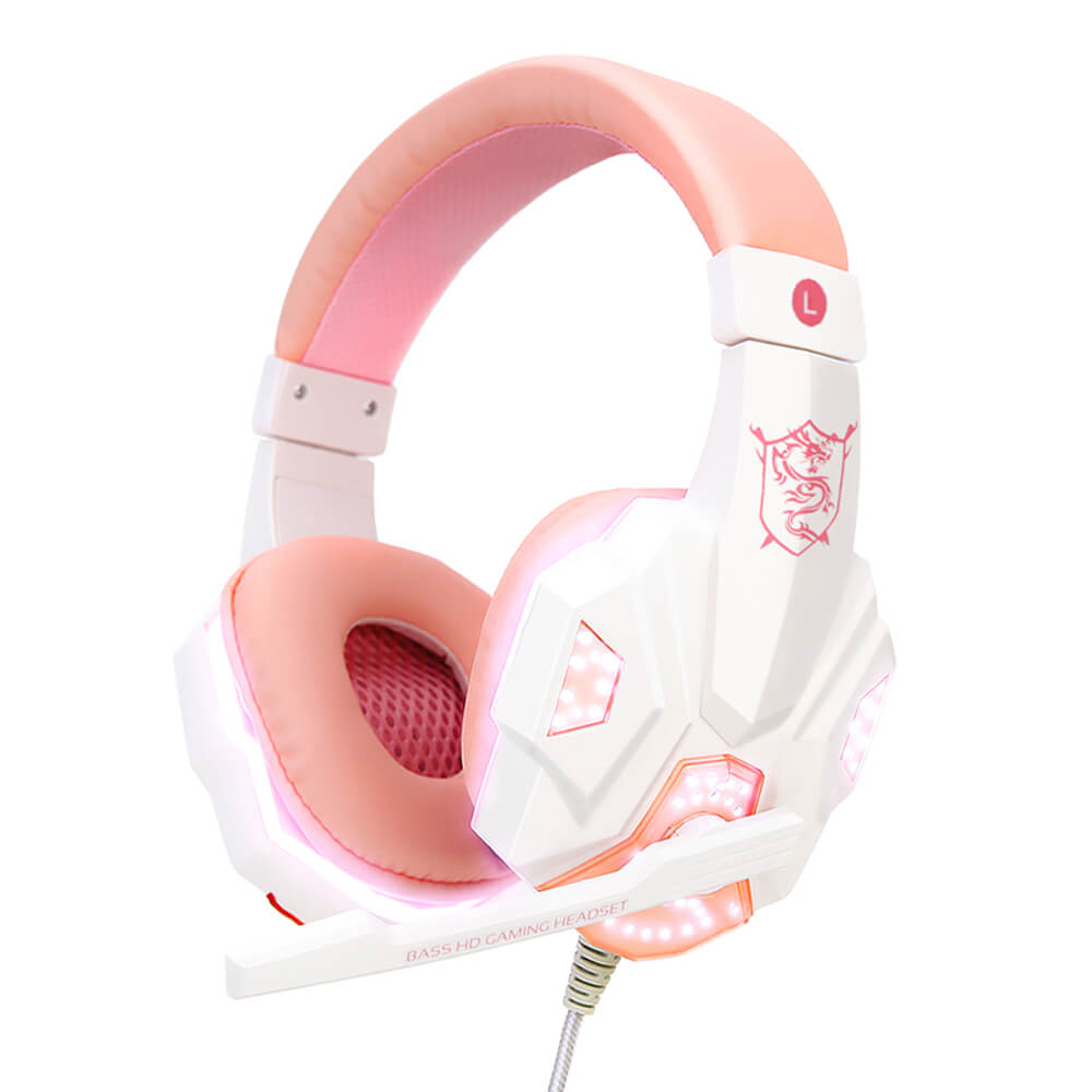 White Pink LED Over-Ear Headset Microphone 3.5mm Jack USB