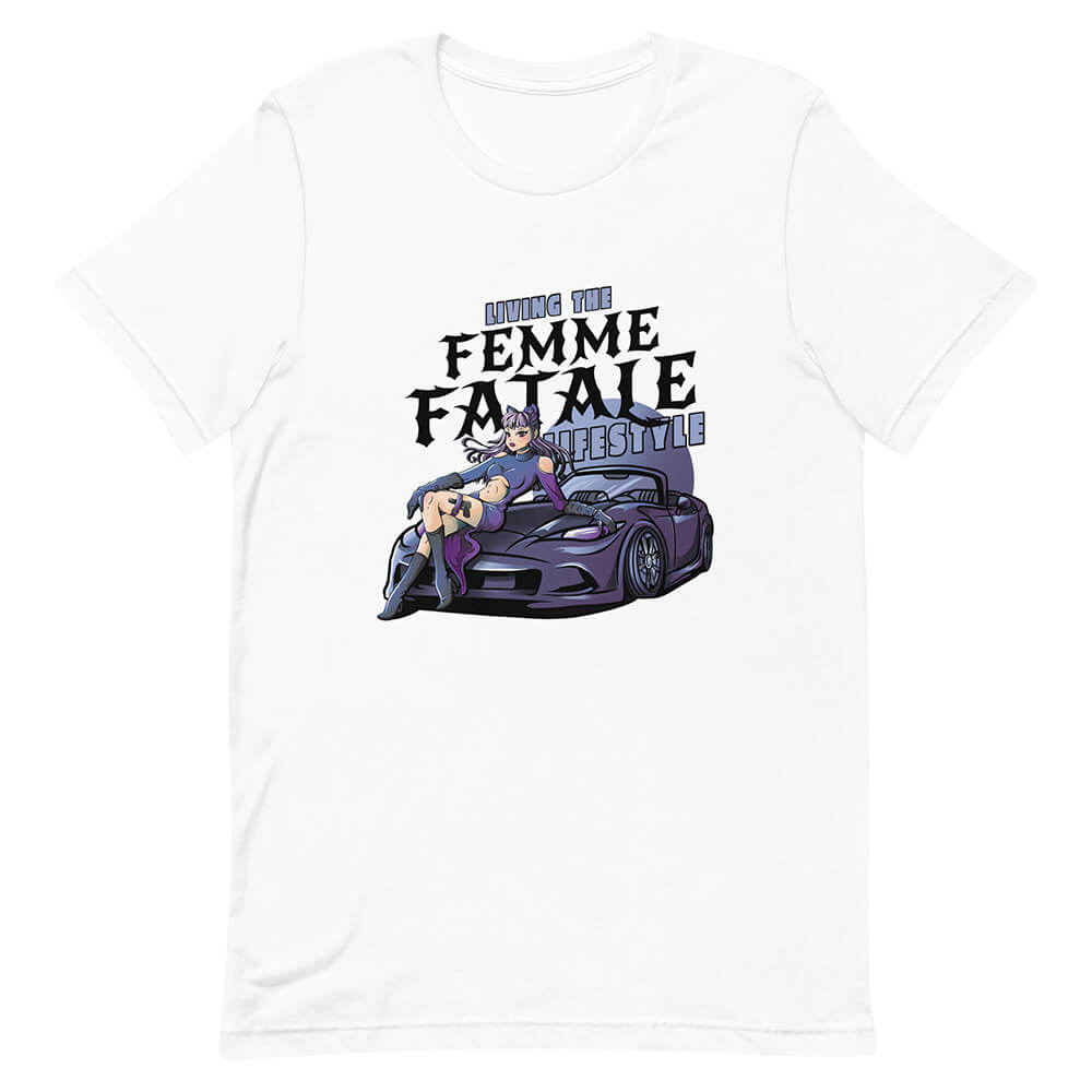 White Purple Hair Femme Fatale Catsuit Shirt Sports Car