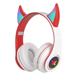 White Red Bluetooth 5.0 Little Devil Horn Headphones Mic RGB