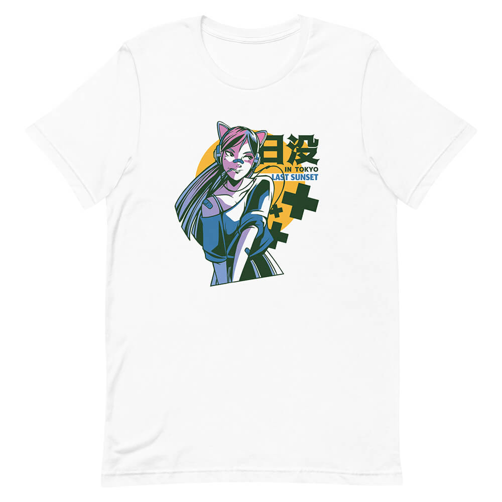 White Stylish Anime Girl Cat Headphones Tee Urban Modern
