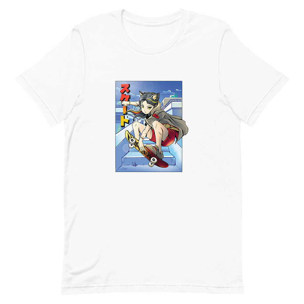 White Stylish Urban Skate Cat Girl Shirt Ollie Trick