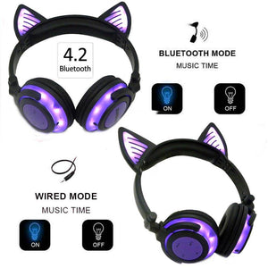 Wireless Bluetooth 4.2 Hairy Cat Ear Headphones Mic Glowing LED
