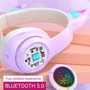 Wireless Bluetooth 5.0 Demon Ear Headphones Mic LED Light