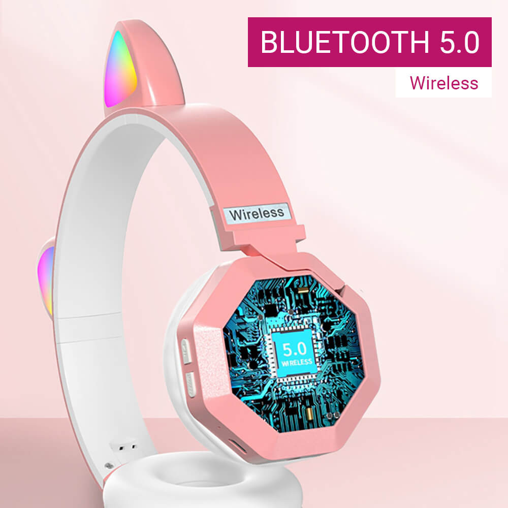 Wireless Bluetooth 5.0 Neko Headphones Mic Kiddo RGB