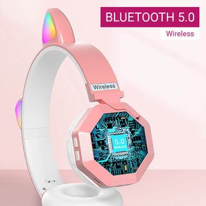 Wireless Bluetooth 5.0 Neko Headphones Mic Kiddo RGB