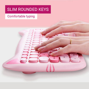 2.4Ghz Wireless Cute Kitty Combo Keyboard Mouse Compact Slim Rounded Keys
