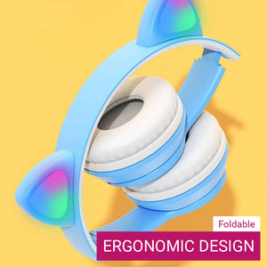 Wireless Kitty Ear Headphones Mic RGB Children Foldable Design