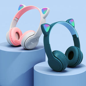 Wireless Kitty Ear Headphones Mic RGB Children Picture