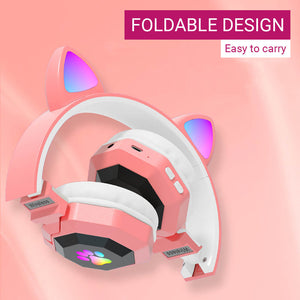 Wireless Neko Headphones Mic Kiddo RGB Foldable Design