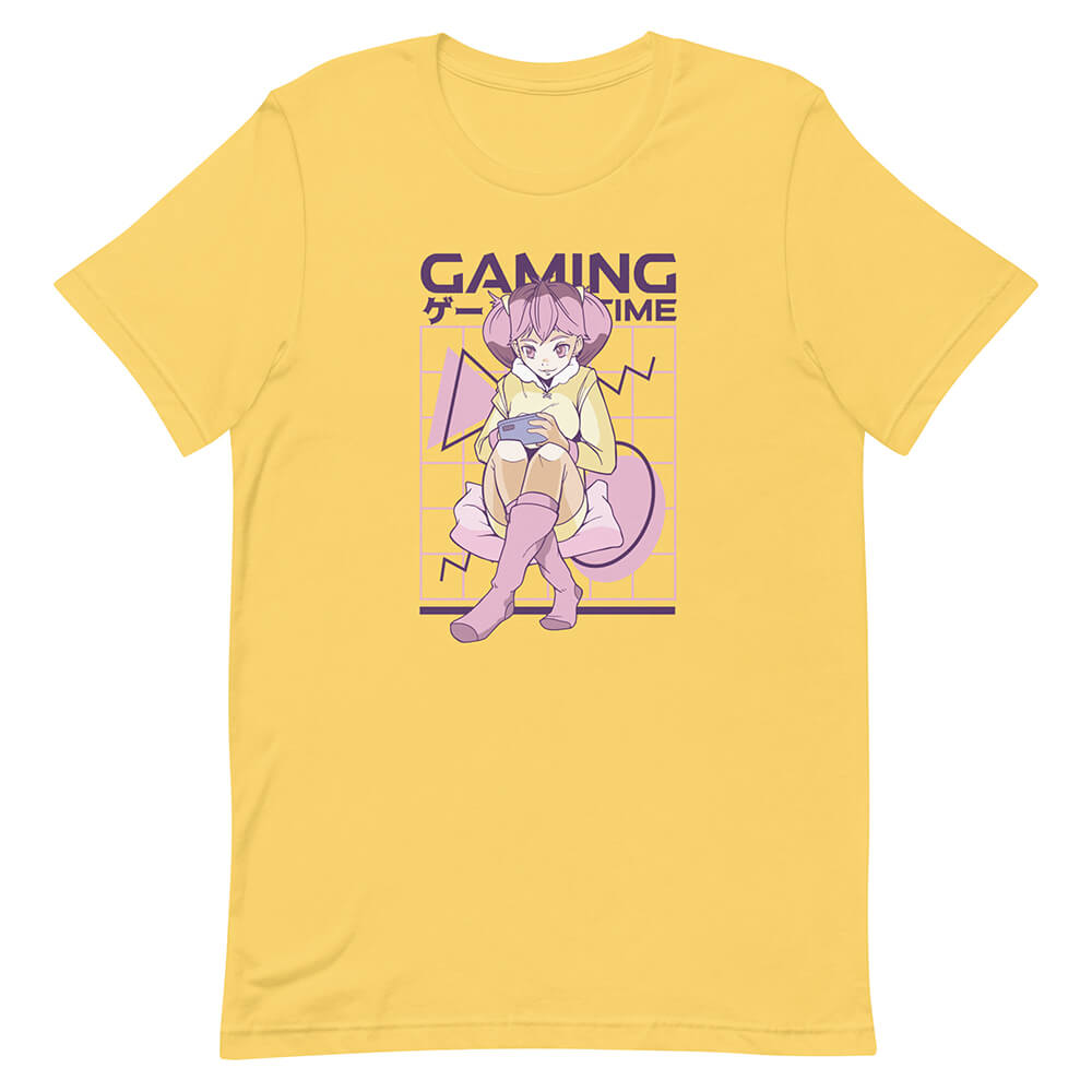 Yellow Casual Gaming Girl Time Shirt Playing Phone
