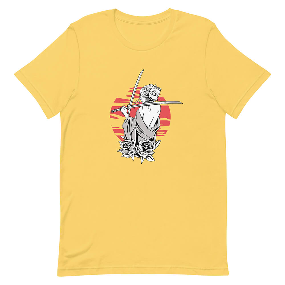 Yellow Double Katana Kitsune Cartoon Woman Shirt Japanese Style