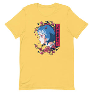 Yellow Mature Blue Hair Anime Woman Shirt Sakura Flower