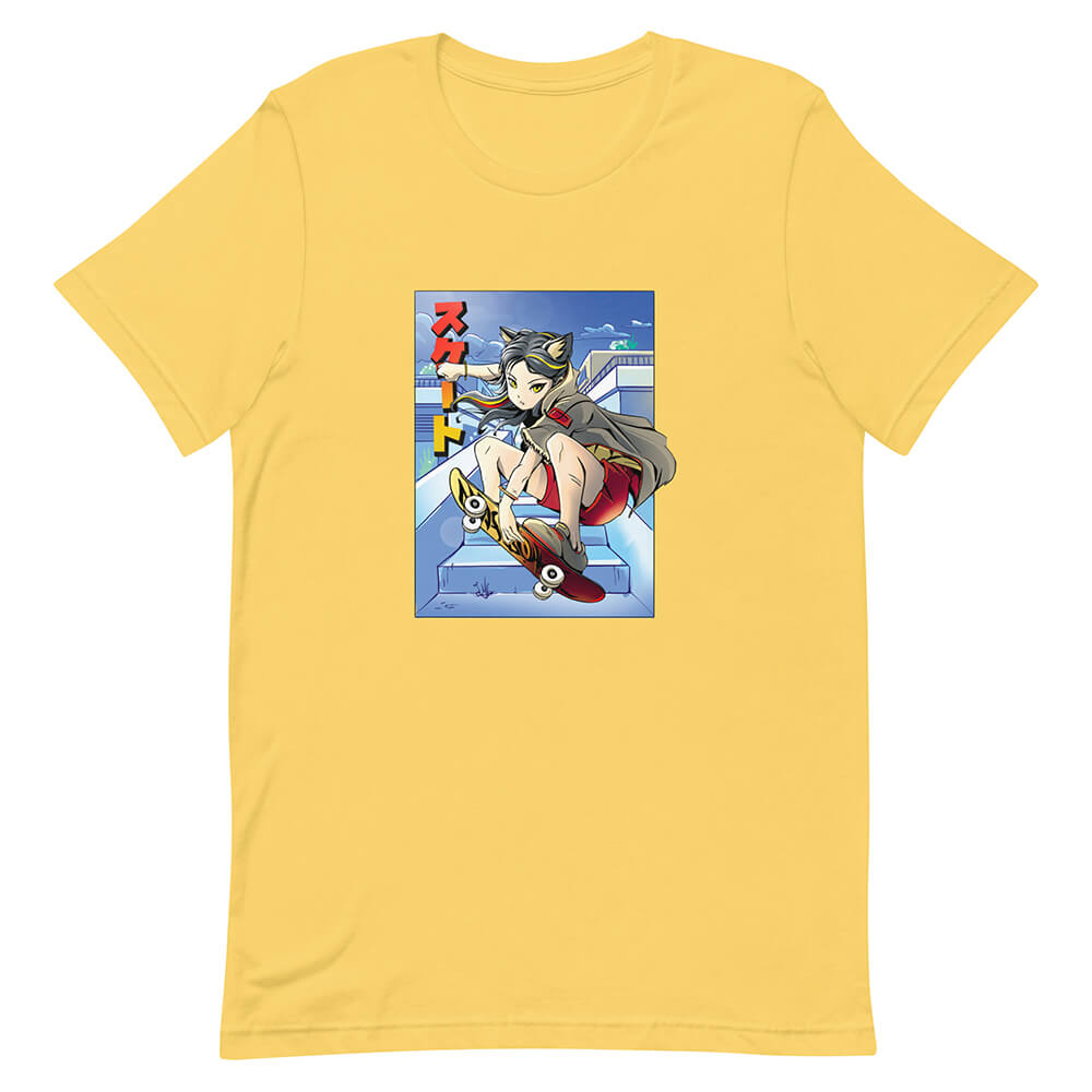Yellow Stylish Urban Skate Cat Girl Shirt Ollie Trick